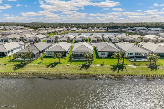 aerial view featuring a water view