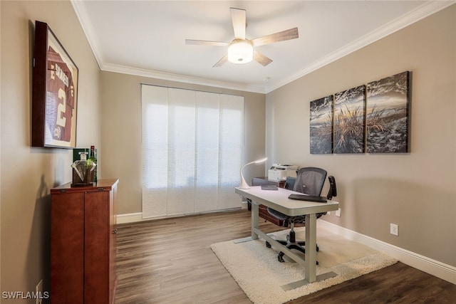 office area with ceiling fan, light hardwood / wood-style floors, and ornamental molding