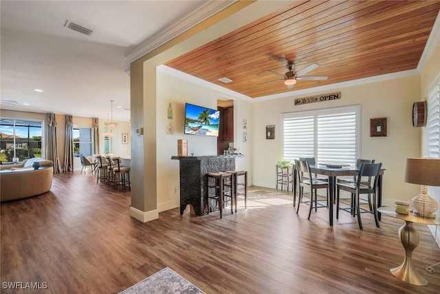 dining area with ceiling fan, a healthy amount of sunlight, wooden ceiling, and dark wood-type flooring