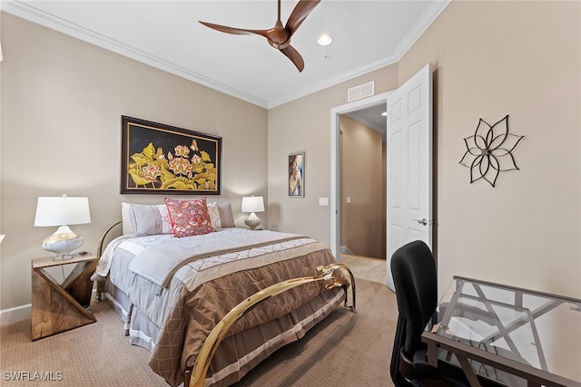 bedroom with ceiling fan, ornamental molding, and light carpet