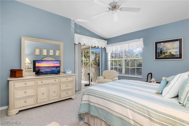 carpeted bedroom featuring ceiling fan, access to exterior, and lofted ceiling