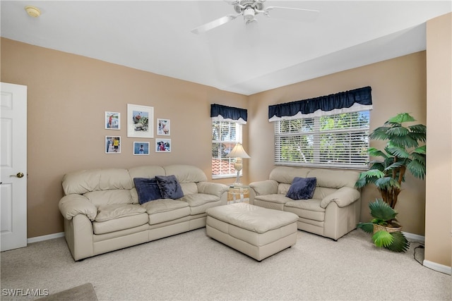 living room with carpet floors and ceiling fan