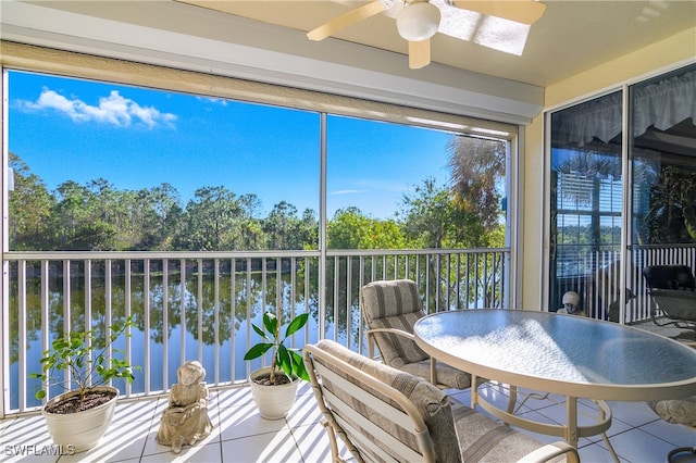 sunroom / solarium featuring ceiling fan and a water view