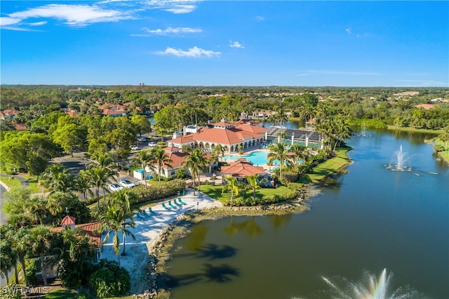 drone / aerial view featuring a water view