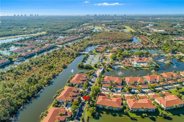 drone / aerial view featuring a water view