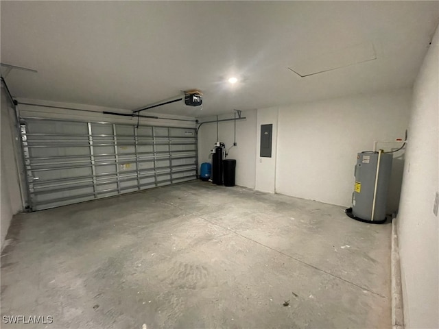 garage featuring electric panel, a garage door opener, and water heater