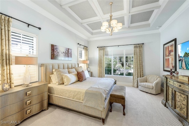 carpeted bedroom with crown molding, multiple windows, coffered ceiling, and a notable chandelier