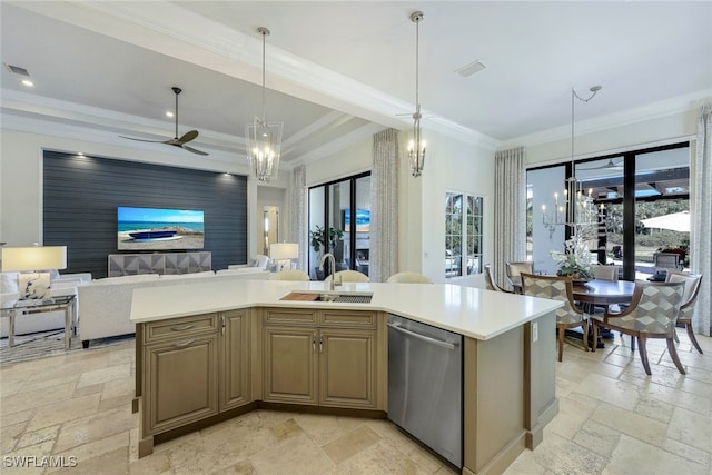 kitchen with a center island with sink, dishwasher, a healthy amount of sunlight, and sink