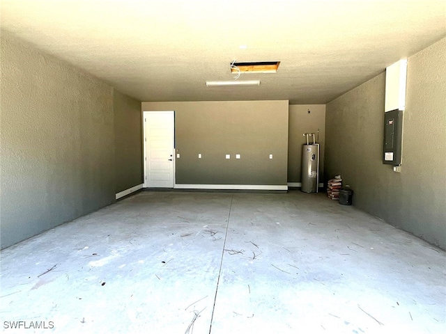 garage with electric panel and water heater