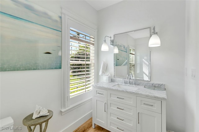 bathroom featuring hardwood / wood-style flooring, vanity, and toilet