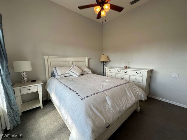 carpeted bedroom featuring ceiling fan and vaulted ceiling