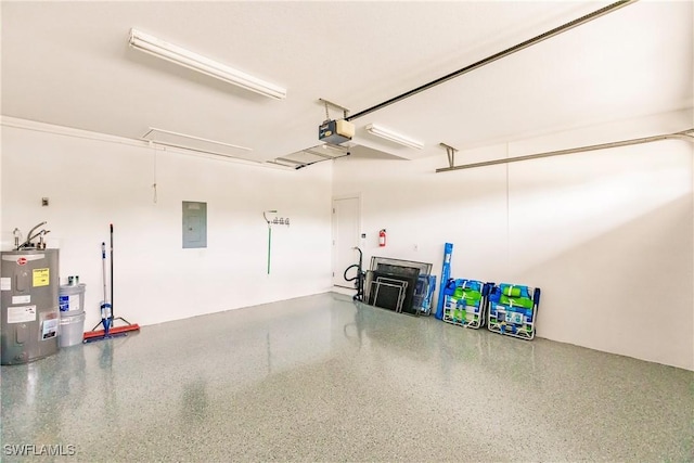 garage featuring electric panel, a garage door opener, and water heater