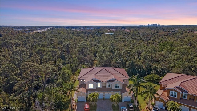 aerial view at dusk featuring a view of trees