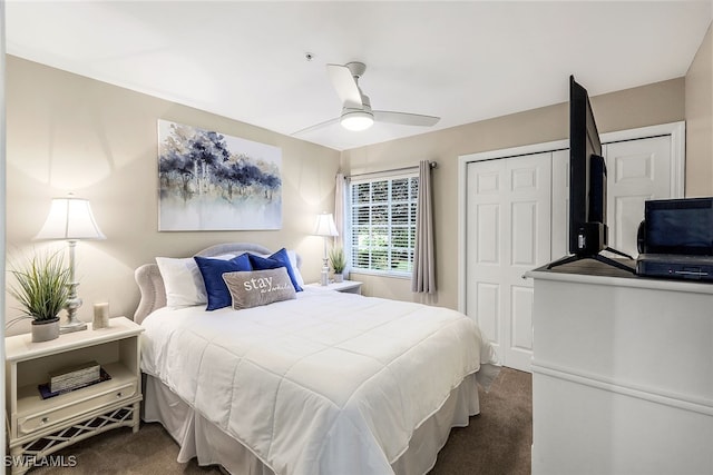 carpeted bedroom featuring ceiling fan and a closet