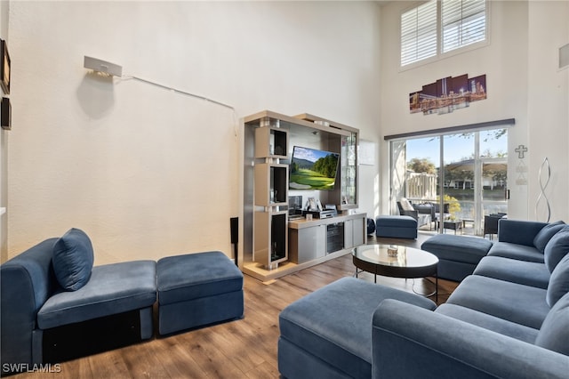 living room with hardwood / wood-style floors and a high ceiling