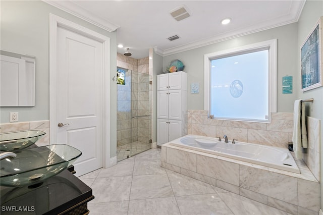 full bath with ornamental molding, a stall shower, visible vents, and a garden tub