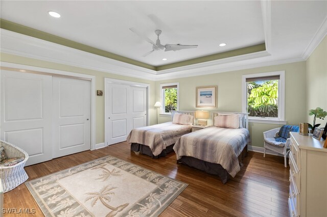 bedroom featuring multiple windows, ceiling fan, dark hardwood / wood-style flooring, and two closets