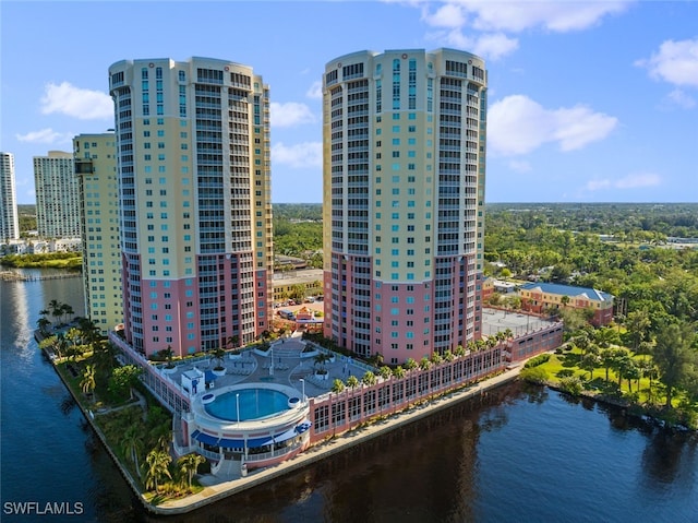 drone / aerial view featuring a water view