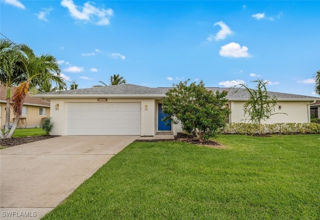 ranch-style house with a garage and a front yard