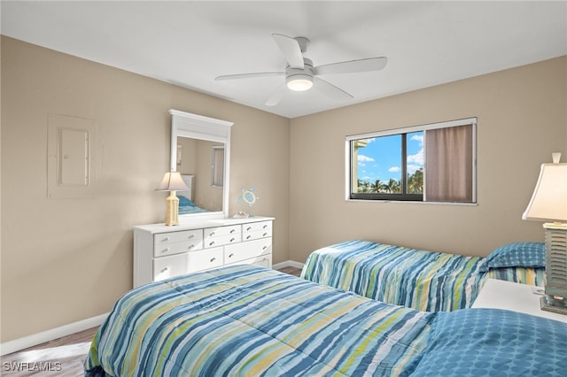 bedroom with electric panel and ceiling fan