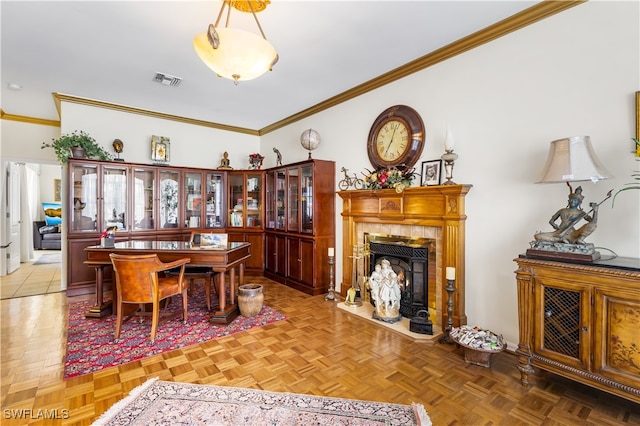 dining area featuring a tile fireplace, crown molding, and parquet floors