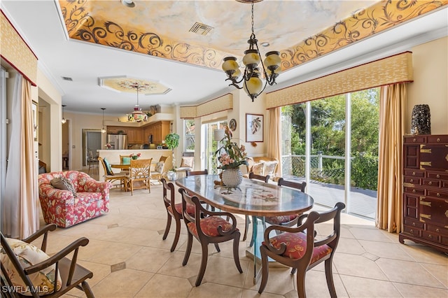 tiled dining area with crown molding and an inviting chandelier