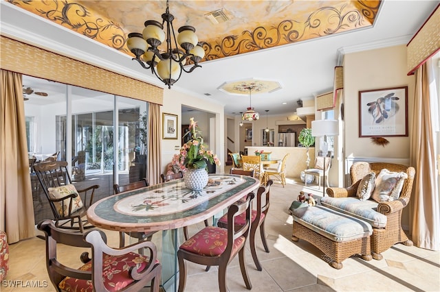 dining area with a chandelier, light tile patterned floors, and ornamental molding