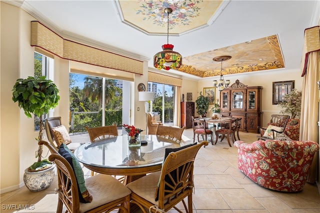 dining space featuring a raised ceiling, crown molding, light tile patterned floors, and a notable chandelier