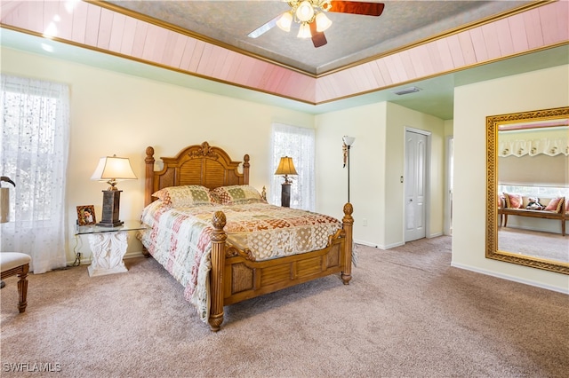 carpeted bedroom with a closet, a raised ceiling, and ceiling fan