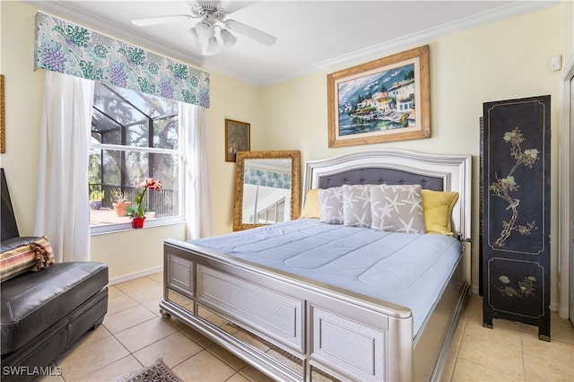 tiled bedroom featuring ceiling fan and ornamental molding