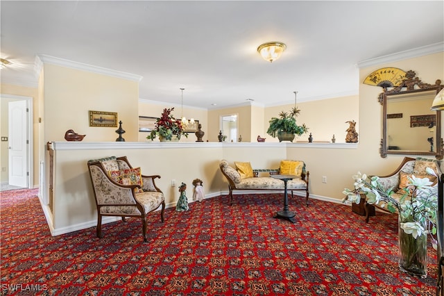 sitting room with carpet and crown molding