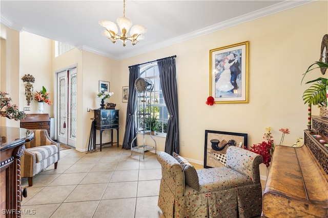 sitting room with light tile patterned floors, ornamental molding, and a notable chandelier