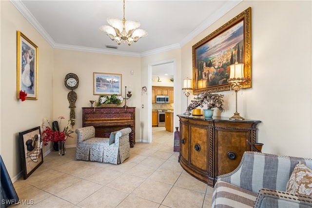 living area with crown molding, light tile patterned flooring, and a chandelier