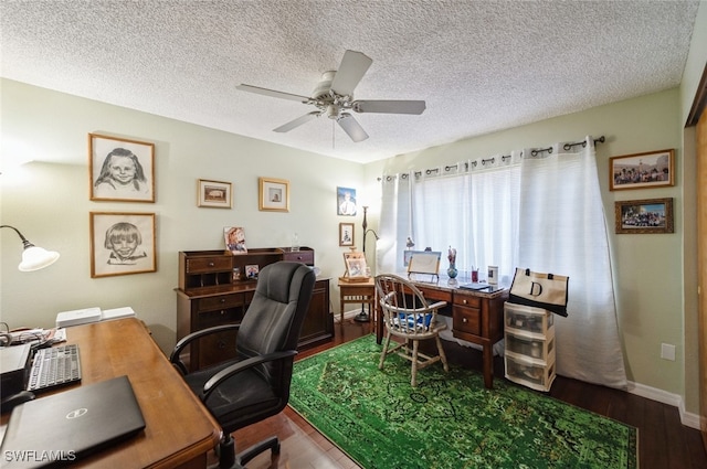 office area featuring hardwood / wood-style floors, a textured ceiling, and ceiling fan