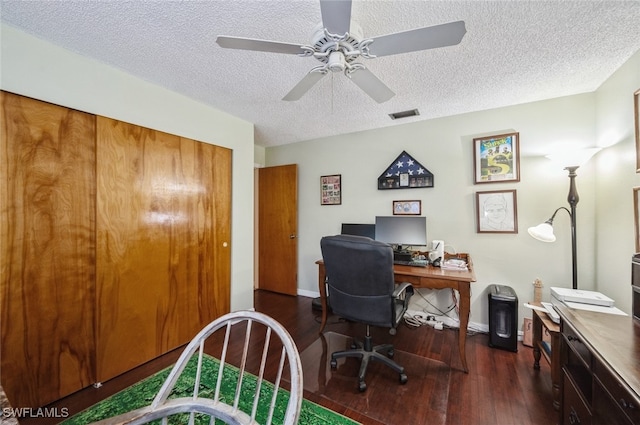 office featuring a textured ceiling, dark hardwood / wood-style floors, and ceiling fan