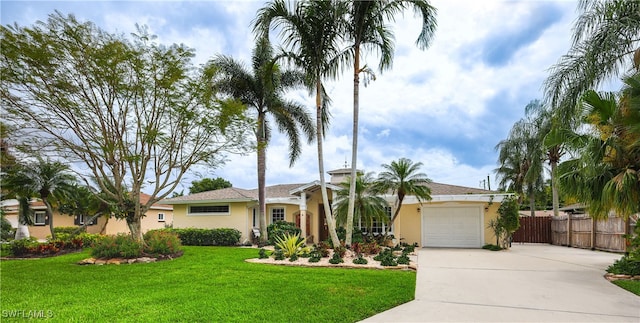 ranch-style house featuring a front yard and a garage