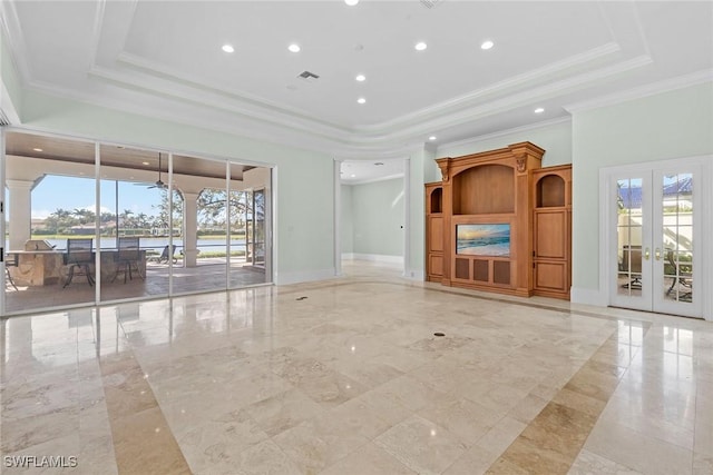 28790 Blaisdell Dr, Naples, FL 34119 - unfurnished living room featuring a tray ceiling, recessed lighting, french doors, light marble finish flooring, and ornamental molding