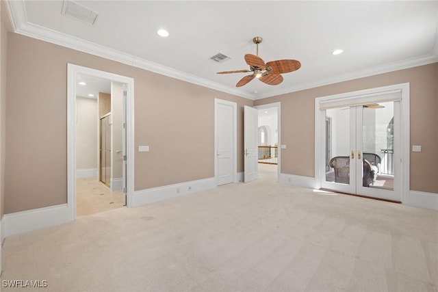 28790 Blaisdell Dr, Naples, FL 34119 - unfurnished bedroom featuring light carpet, crown molding, access to outside, french doors, and recessed lighting