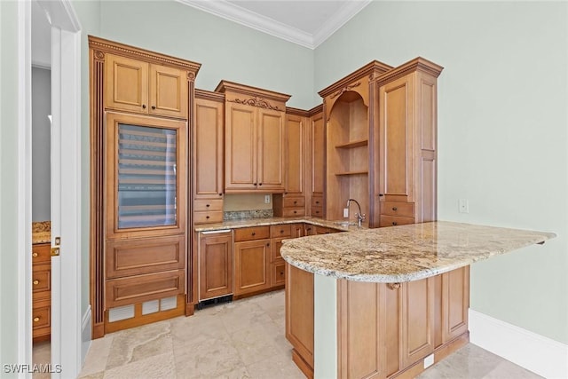 28790 Blaisdell Dr, Naples, FL 34119 - kitchen featuring a sink, a peninsula, ornamental molding, light stone countertops, and open shelves
