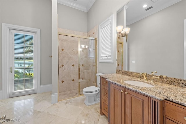 28790 Blaisdell Dr, Naples, FL 34119 - full bath featuring crown molding, a shower stall, vanity, toilet, and marble finish floors