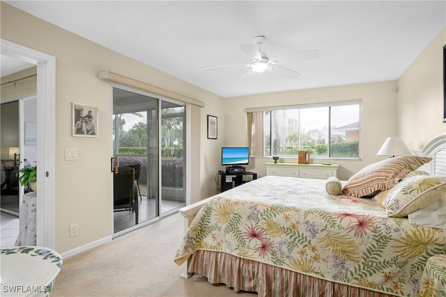 bedroom featuring ceiling fan, access to exterior, and light colored carpet