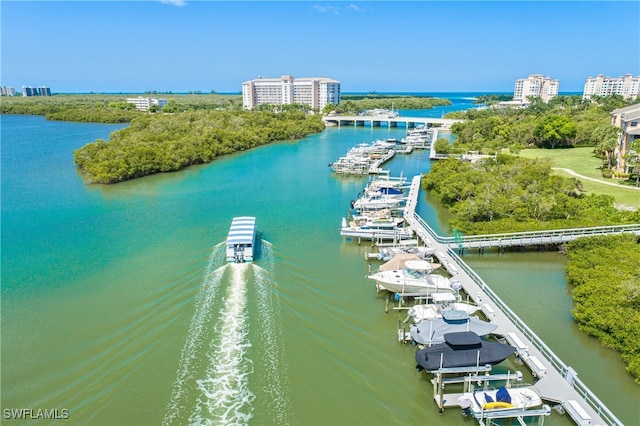 aerial view featuring a water view