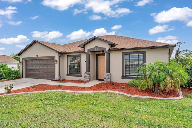 ranch-style home featuring a front yard and a garage