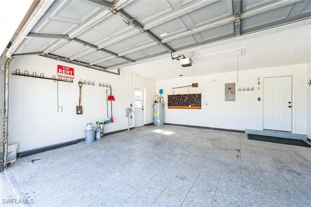 garage featuring electric panel, electric water heater, and a garage door opener