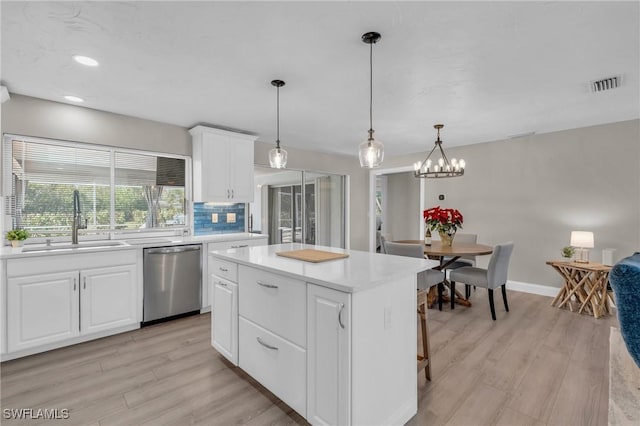 kitchen with a sink, white cabinets, light countertops, stainless steel dishwasher, and a center island