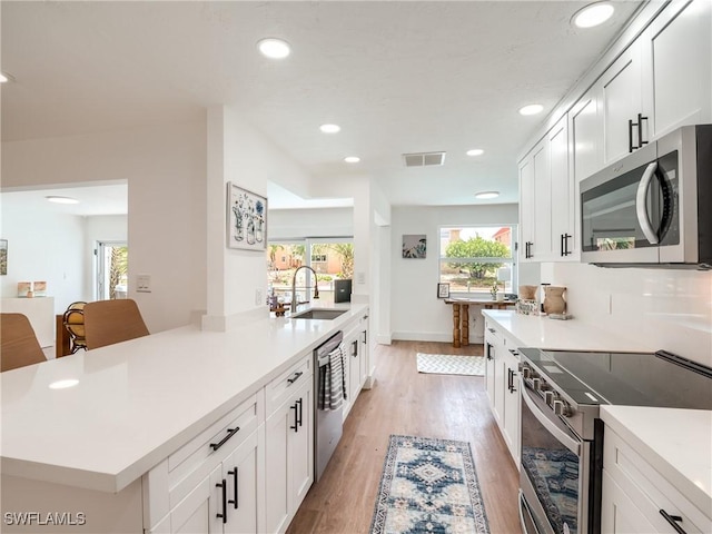 kitchen featuring plenty of natural light, light hardwood / wood-style floors, sink, and appliances with stainless steel finishes