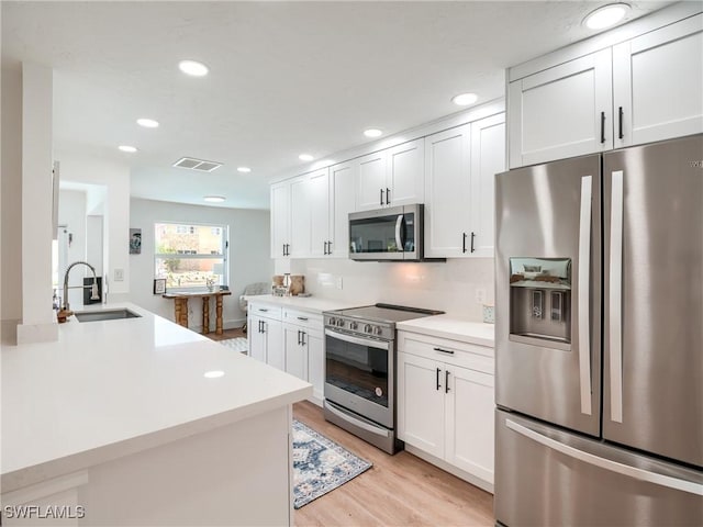 kitchen featuring sink, light hardwood / wood-style flooring, white cabinetry, kitchen peninsula, and stainless steel appliances