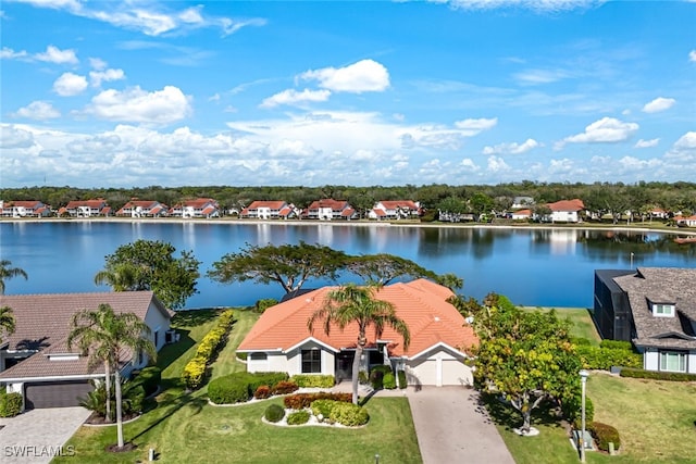 aerial view featuring a water view