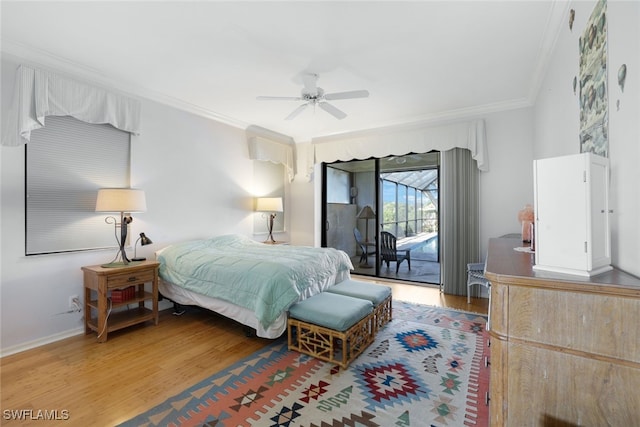 bedroom with access to outside, ceiling fan, crown molding, and hardwood / wood-style flooring