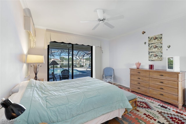 bedroom with ceiling fan, access to exterior, ornamental molding, and multiple windows